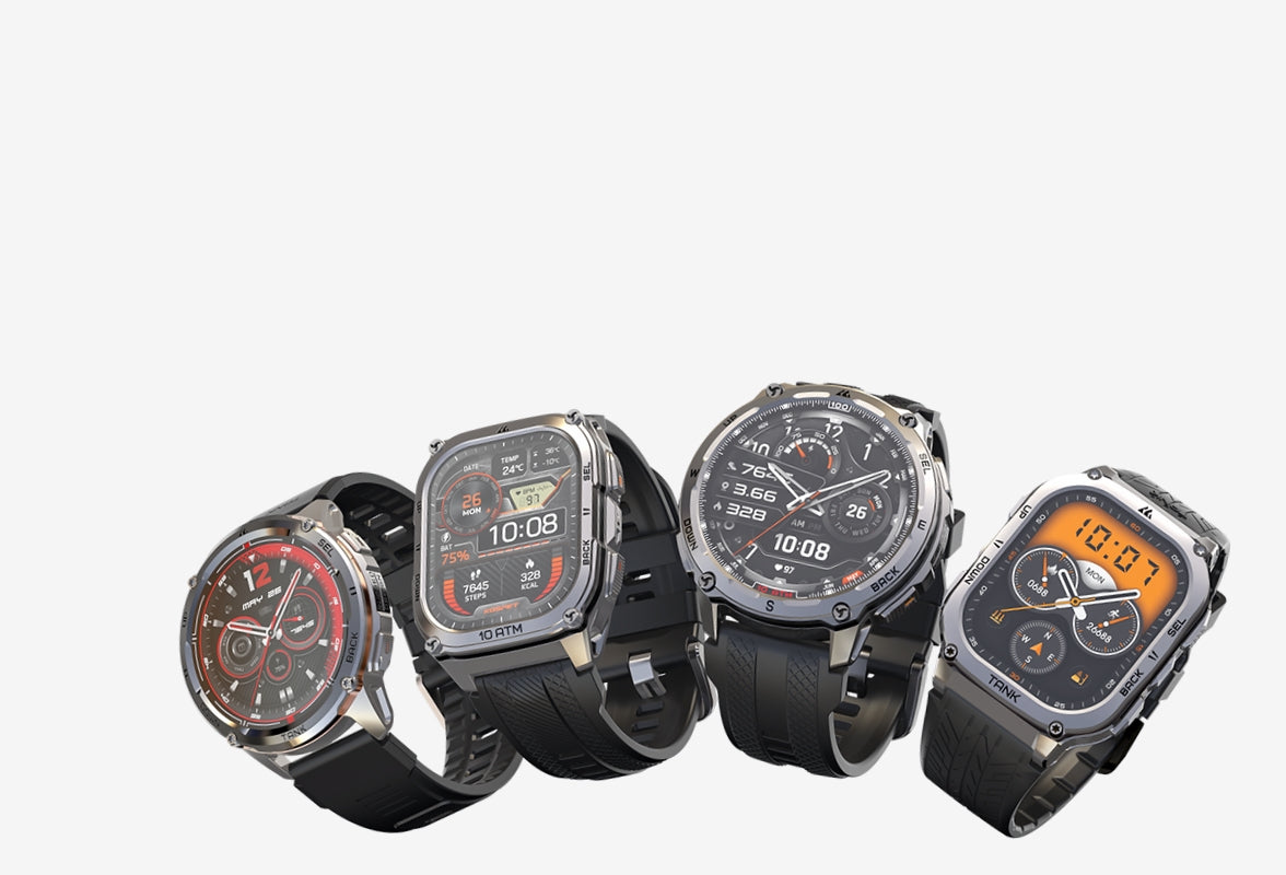 Five Rugged Smartwatches With Different Display Designs On A White Background